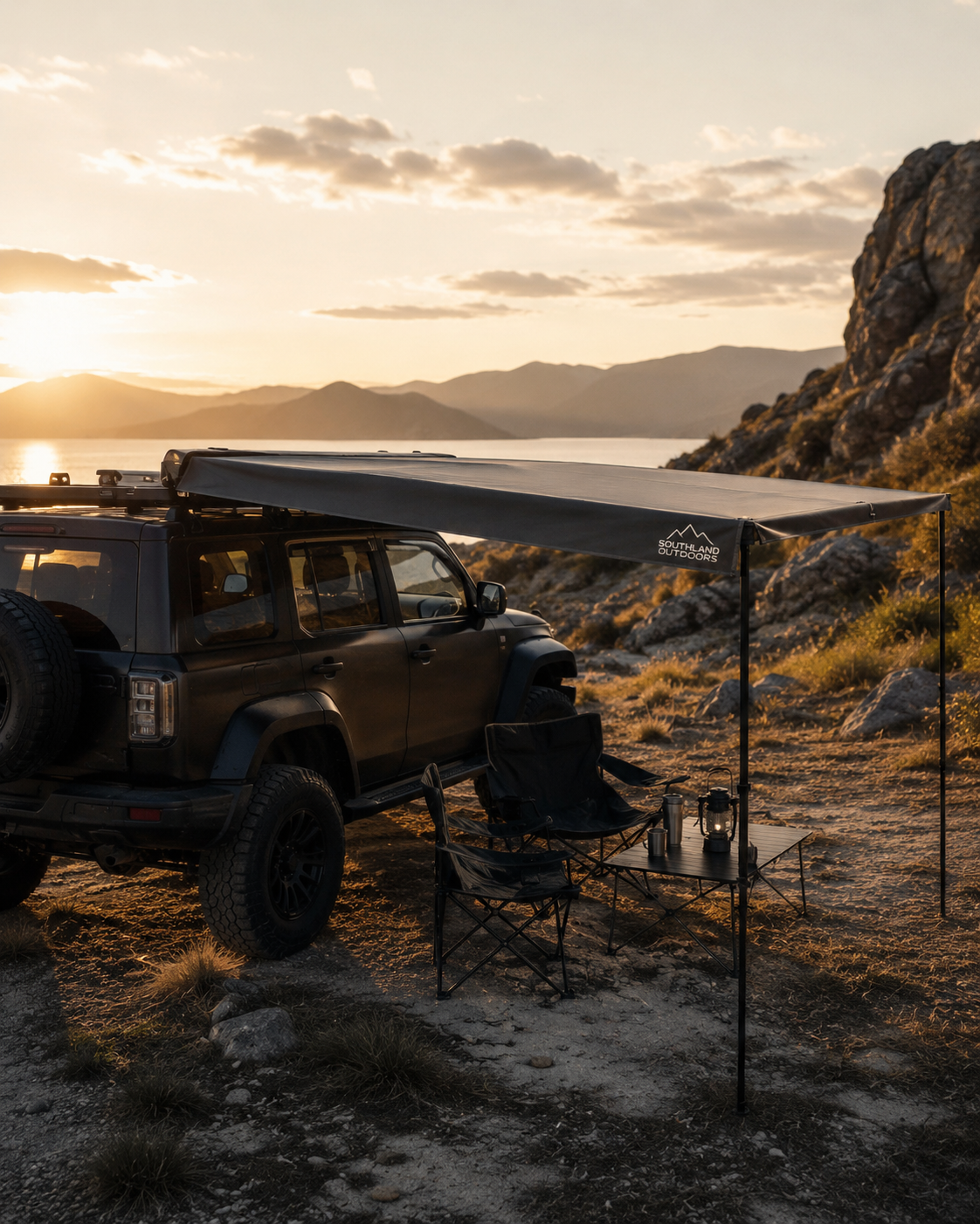 Overland vehicle camp with awning shelter in a quiet natural setting